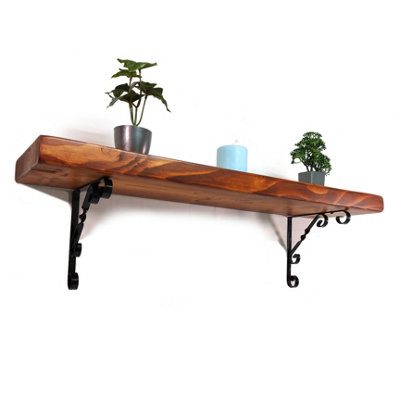Wooden Rustic Shelf with Bracket WO Black 140mm 6 inches Teak Length of 80cm