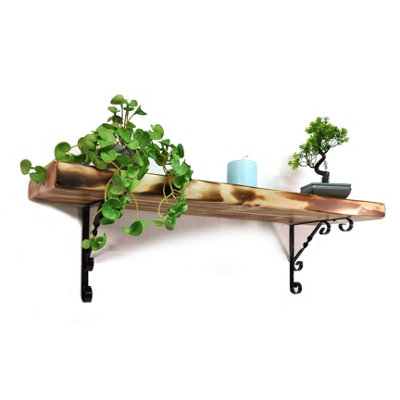 Wooden Rustic Shelf with Bracket WO Black 170mm 7 inches Burnt Length of 190cm