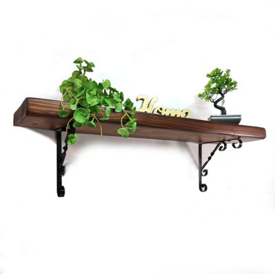 Wooden Rustic Shelf with Bracket WO Black 170mm 7 inches Dark Oak Length of 100cm