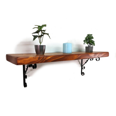 Wooden Rustic Shelf with Bracket WO Black 220mm 9 inches Teak Length of 210cm