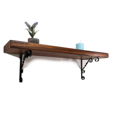 Wooden Rustic Shelf with Bracket WO Black 220mm 9 inches Walnut Length of 240cm