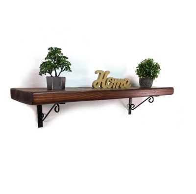 Wooden Rustic Shelf with Bracket WOP Black 170mm 7 inches Dark Oak Length of 170cm