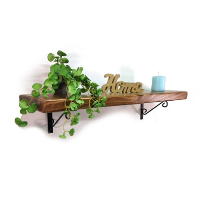 Wooden Rustic Shelf with Bracket WOP Black 170mm 7 inches Medium Oak Length of 180cm