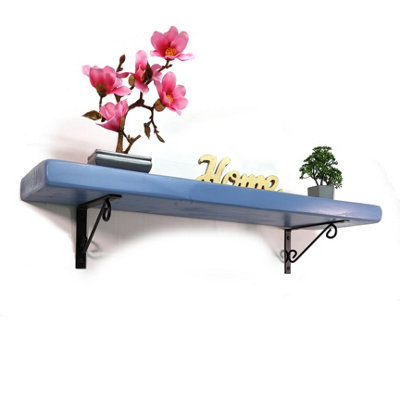 Wooden Rustic Shelf with Bracket WOP Black 170mm 7 inches Nordic Blue Length of 180cm