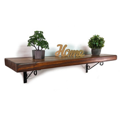 Wooden Rustic Shelf with Bracket WOP Black 170mm 7 inches Walnut Length of 30cm