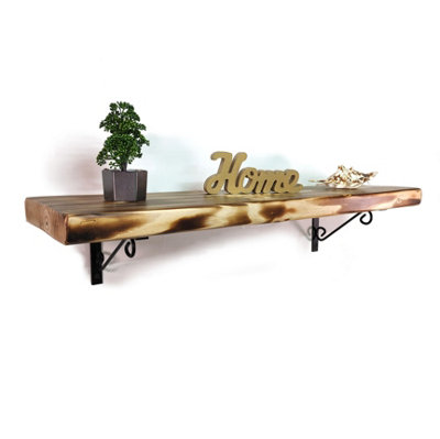Wooden Rustic Shelf with Bracket WOP Black 220mm 9 inches Burnt Length ...
