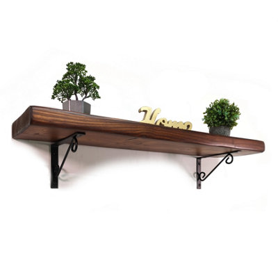 Wooden Rustic Shelf with Bracket WOP Black 220mm 9 inches Dark Oak Length of 30cm