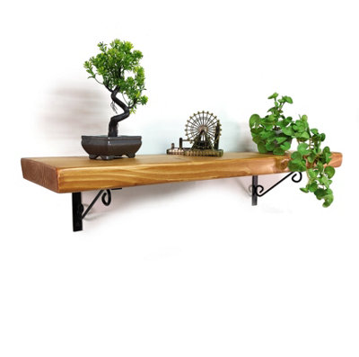 Wooden Rustic Shelf with Bracket WOP Black 220mm 9 inches Light Oak Length of 120cm