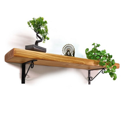 Wooden Rustic Shelf with Bracket WOP Black 220mm 9 inches Light Oak Length of 130cm