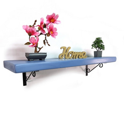 Wooden Rustic Shelf with Bracket WOP Black 220mm 9 inches Nordic Blue Length of 220cm