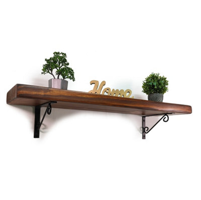 Wooden Rustic Shelf with Bracket WOP Black 220mm 9 inches Walnut Length of 120cm