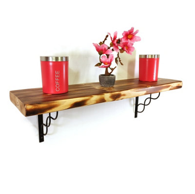 Wooden Rustic Shelf with Bracket WPRP Black 170mm 7 inches Burnt Length