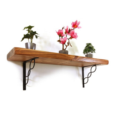 Wooden Rustic Shelf with Bracket WPRP Black 220mm 9 inches Medium Oak Length of 50cm