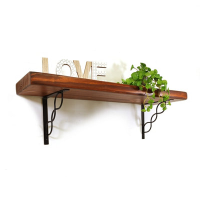Wooden Rustic Shelf with Bracket WPRP Black 220mm 9 inches Walnut Length of 40cm
