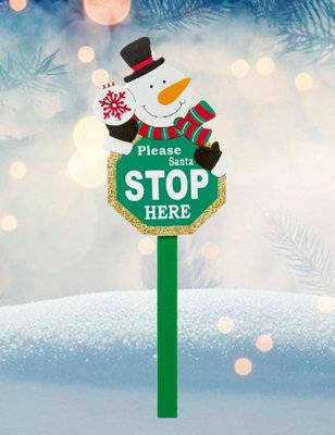 Wooden Santa Stop Here Sign Garden Stake Cute Christmas Snowman Design ...