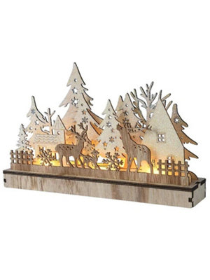 Wooden Scenery Scene with LED's - Reindeer Family