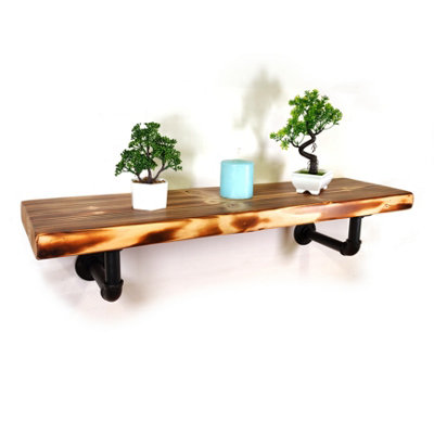 Wooden Shelf with Bracket PIPE Black 145mm Burnt Length of 110cm