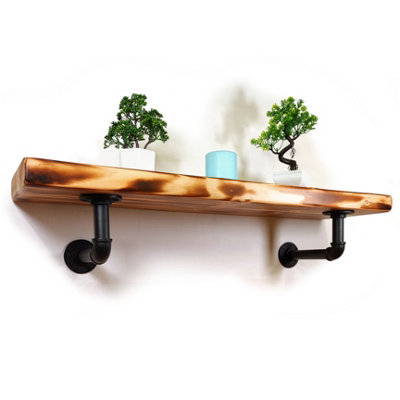 Wooden Shelf with Bracket PIPE Black 145mm Burnt Length of 210cm