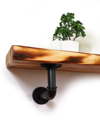 Wooden Shelf with Bracket PIPE Black 145mm Burnt Length of 210cm