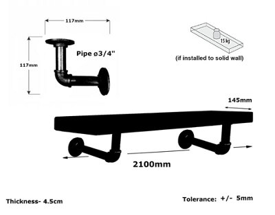 Wooden Shelf with Bracket PIPE Black 145mm Burnt Length of 210cm