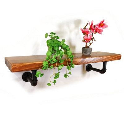 Wooden Shelf with Bracket PIPE Black 145mm Medium Oak Length of 110cm