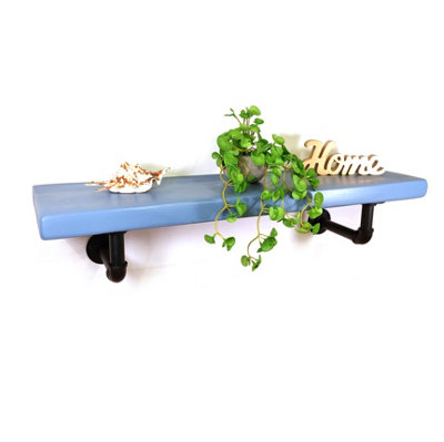 Wooden Shelf with Bracket PIPE Black 225mm Nordic Blue Length of 50cm