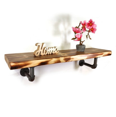 Wooden Shelf with Bracket PIPE Grey 145mm Burnt Length of 140cm