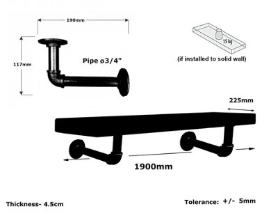 Wooden Shelf with Bracket PIPE Grey 225mm Dark Oak Length of 190cm