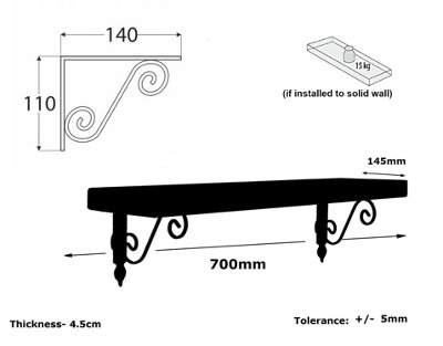 Wooden Shelf with Bracket WOZ 140x110mm Black 145mm Antique Grey Length of 70cm