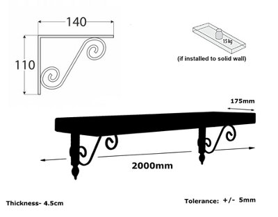 Wooden Shelf with Bracket WOZ 140x110mm Black 175mm Dark Oak Length of 200cm