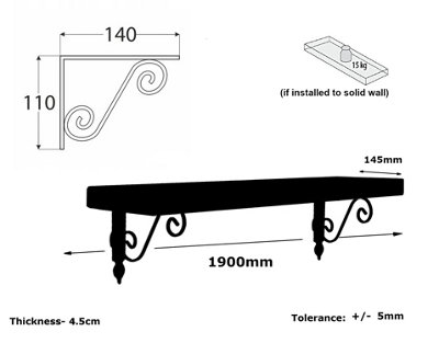 Wooden Shelf with Bracket WOZ 140x110mm Silver 145mm Burnt Length of 190cm