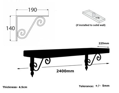 Wooden Shelf with Bracket WOZ 190x140mm Black 225mm Burnt Length of 240cm