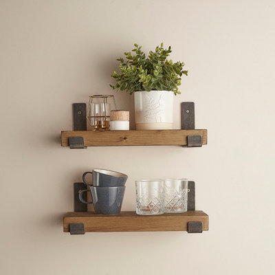 Wooden Shelves with 6" Brackets  -Set of Two Rustic Shelves-   Dark Wood Finish - 140cm