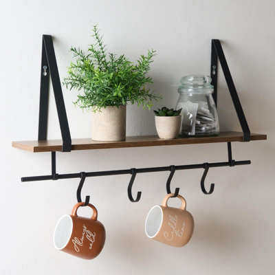 Wooden Shelving Hooks Kitchen Display Cup Holder Office Wall Storage Organiser