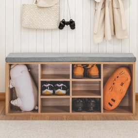 Wooden Shoe Cabinet Rack Cupboard Organizer with Seat Cushion (Natural, 14-Grids)
