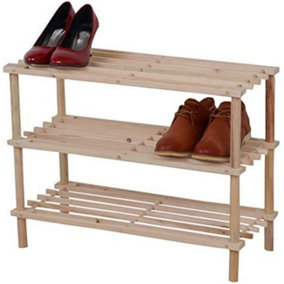 Wooden Shoe Rack Footwear Storage Organiser Unit Shelf Books Tier Slated Natural, 3 Tier