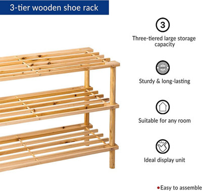Wooden Shoe Rack Footwear Storage Organiser Unit Shelf Books Tier Slated Natural, 3 Tier