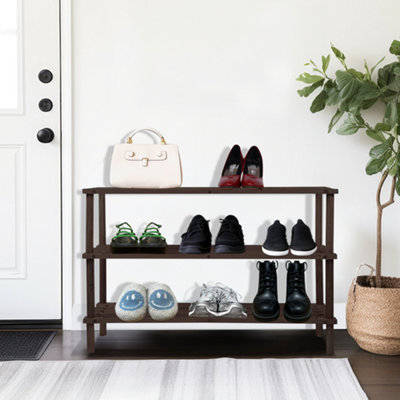 Wooden Shoe Rack Footwear Storage Organiser Unit Slated New Dark Oak Effect