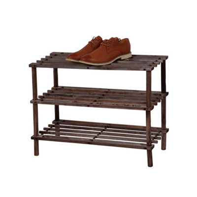 Wooden Shoe Rack Footwear Storage Stackable Organiser Unit Slated For Trainers Books DVds Space Efficient Dark Oak Effect, 3 Tier