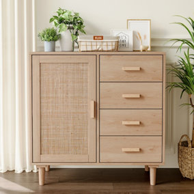 Wooden Sideboard Buffet Cabinet with Rattan Doors 4 Drawers Storage Cabinet