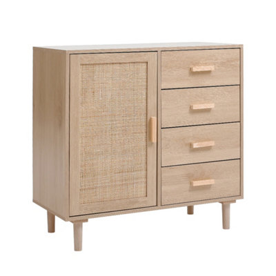 Wooden Sideboard Buffet Cabinet with Rattan Doors 4 Drawers Storage Cabinet