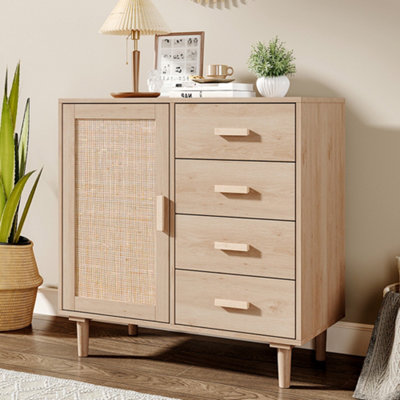 Wooden Sideboard Storage Cabinet with Rattan Doors and 4 Drawers