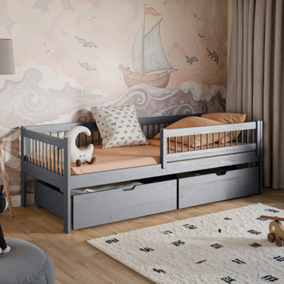 Wooden Single Bed Edi Grey W194cm x H64cm x D96cm - Space-Saving Pine Frame with Dual Drawers