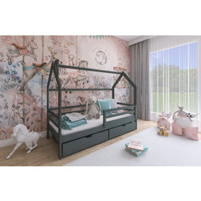 Wooden Single Bed Lila Bed With Storage and Bonnell Mattress in Graphite W1980mm x H1480mm x D970mm