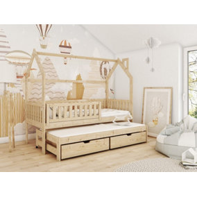 Wooden Single Bed Monkey With Trundle and Foam/Bonnell Mattresses in Pine W1980mm x H1580mm x D970mm