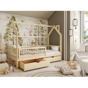 Wooden Single Bed Oskar With Storage and Bonnell Mattress in Pine W1980mm x H1480mm x D970mm