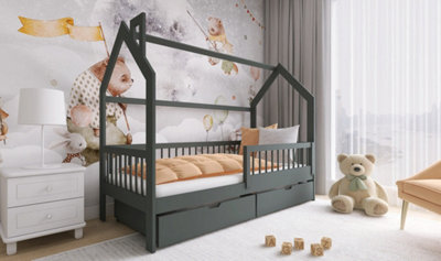 Wooden Single Bed Oskar With Storage and Foam Mattresses in Graphite  W1980mm x H1480mm x D970mm