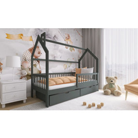 Wooden Single Bed Oskar With Storage and Foam Mattresses in Graphite  W1980mm x H1480mm x D970mm