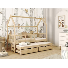 Wooden Single Bed Papi With Trundle and Foam/Bonnell Mattresses in Pine W1980mm x H1580mm x D970mm