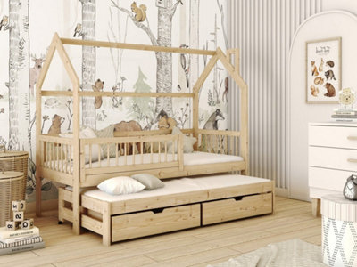 Wooden Single Bed Papi With Trundle in Pine W1980mm x H1580mm x D970mm